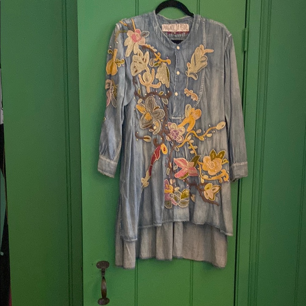 Floral Embroidered Denim Tunic BEST MAGNOLIA PEARL SHIRT EVER😉